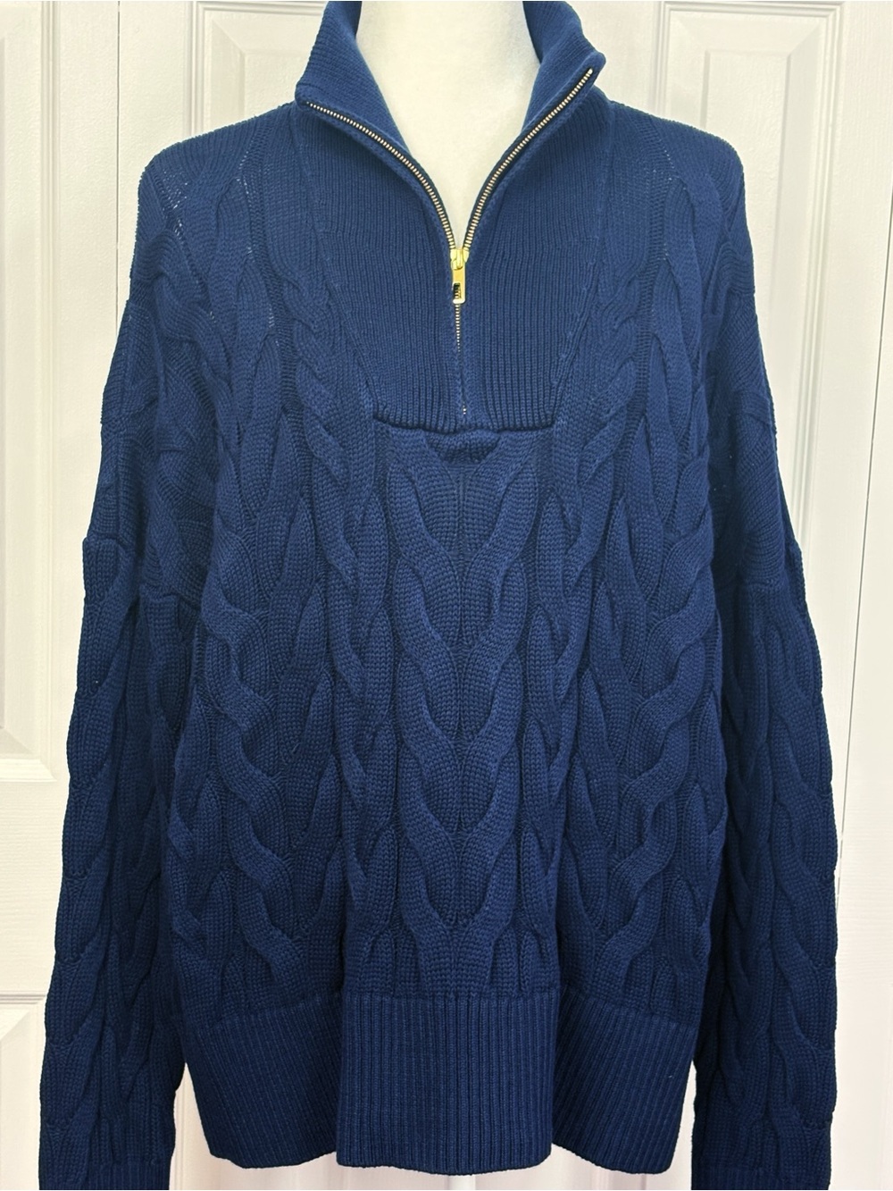 NWT Lands' End Classic Navy Blue Drifter Cotton 1/4 Zip Pullover Sweater